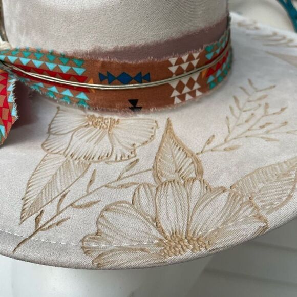 Hand Burned Hat | Wide Brim Hat | Branded Hat | wildflowers faux suede hat | All